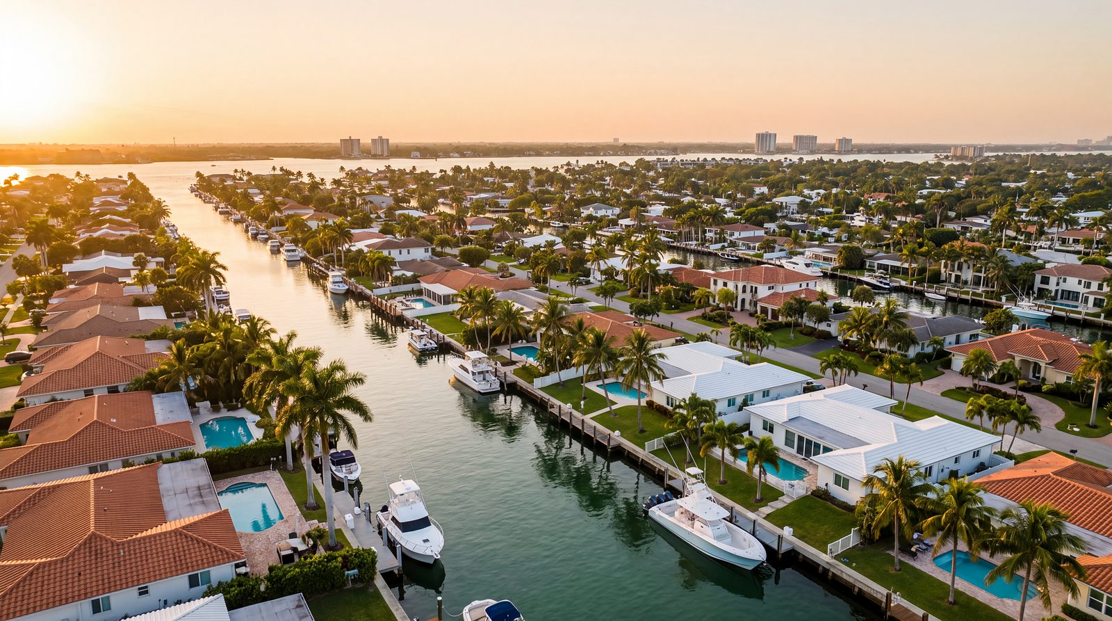 Canal-front homes and docks at golden hour