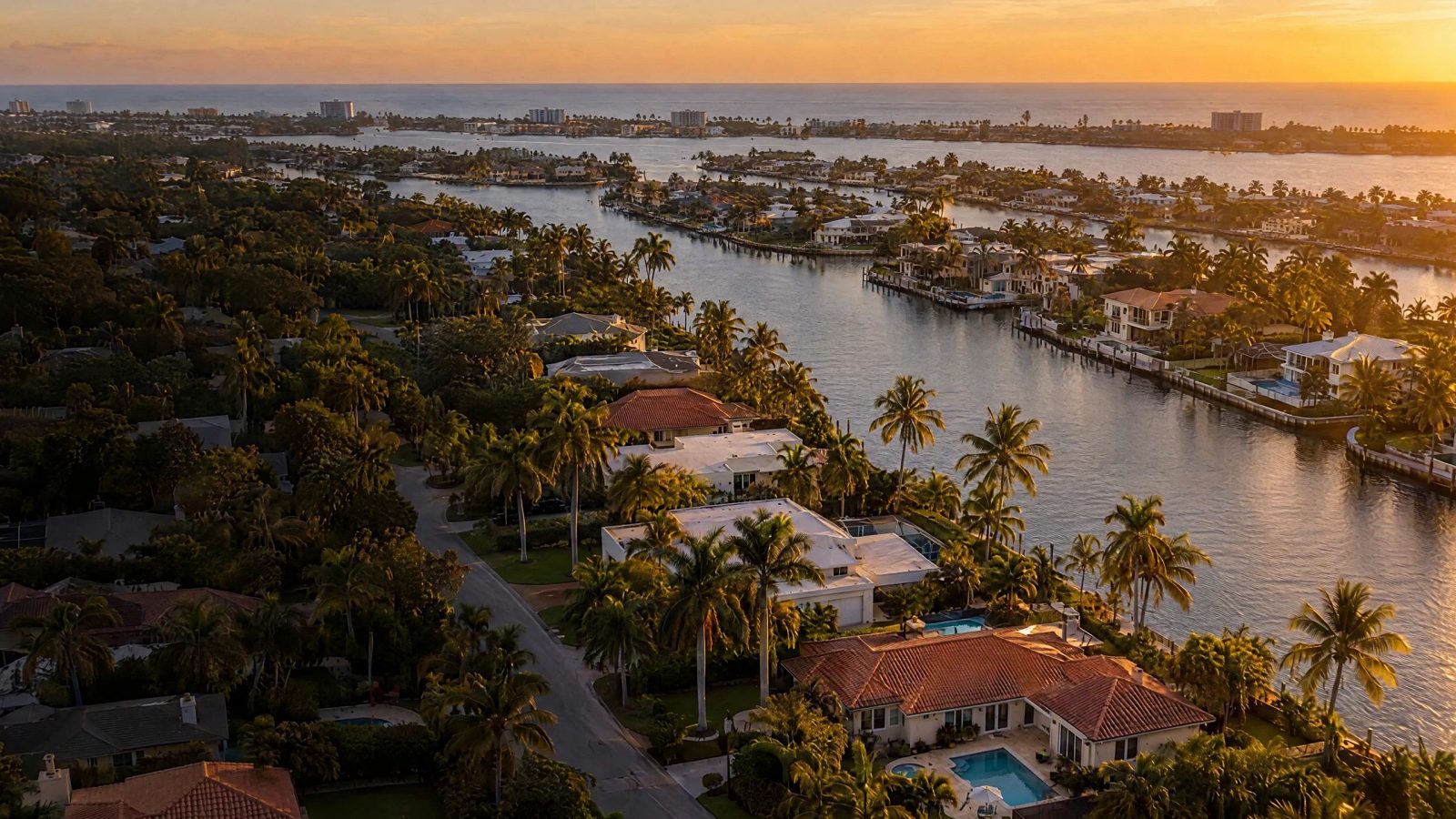 Aerial view of a South Florida canal neighborhood at golden hour