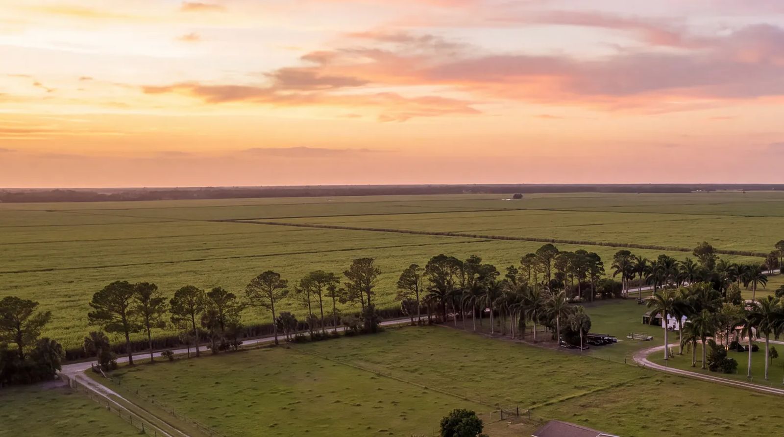 Acreage and cane fields at the western edge of Palm Beach County at dusk