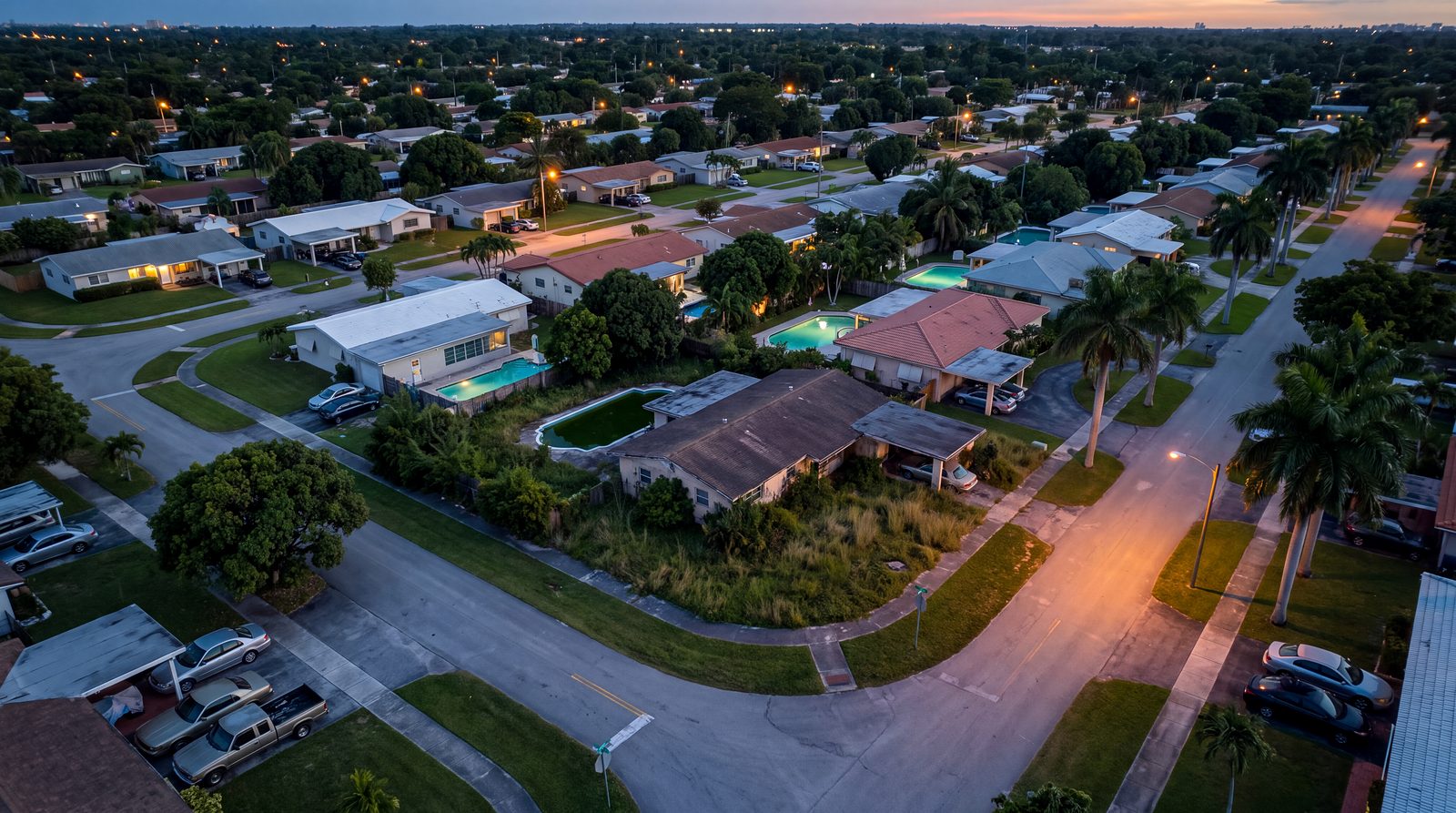 Dusk aerial of a South Florida street with one overgrown house among lit neighbors