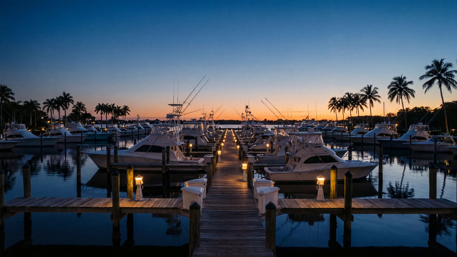 A marina at blue hour