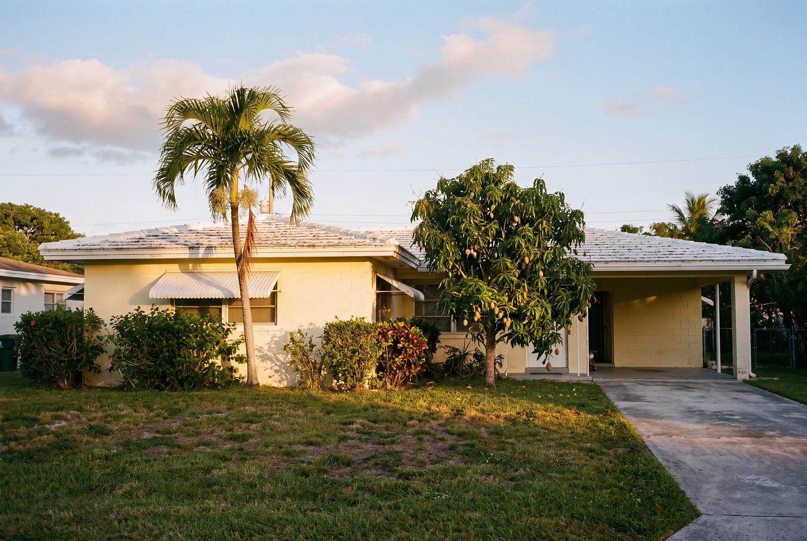 A 1960s block ranch house with a tired front yard in late light
